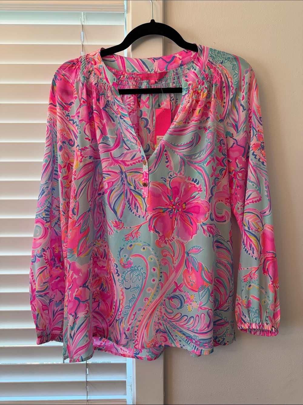 Lilly Pulitzer Pink and Aqua Floral Long-Sleeve Blouse